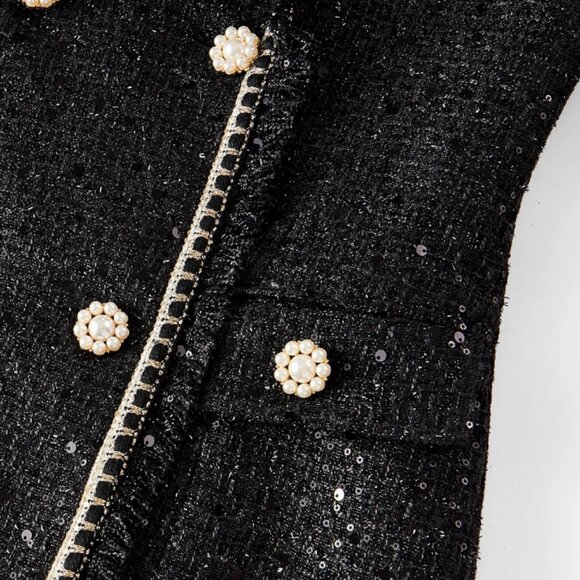 Black Elegant Women's Tweed Sequin Double Breasted Lapel Collar Overcoat Jacket - Picture 14 of 14